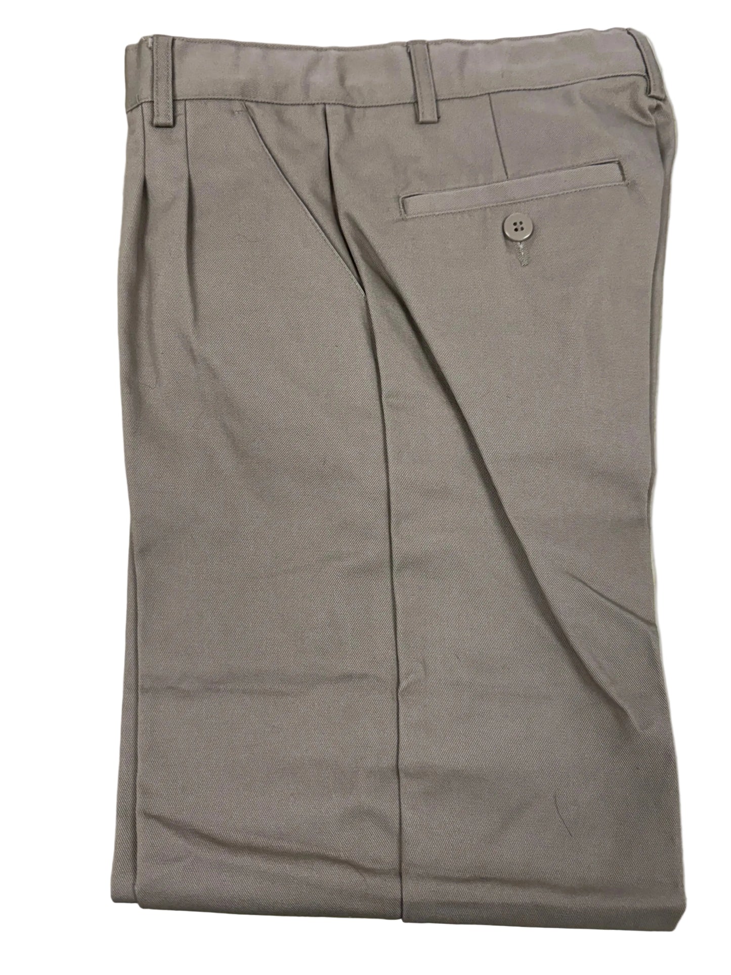 Folded gray pants on a light beige surface